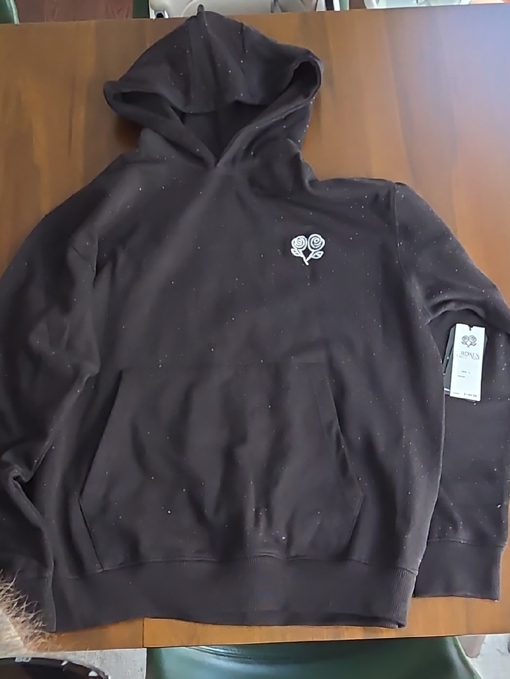 Men's Rhinestone Black Pullover Hoodie with Embroidered Rose